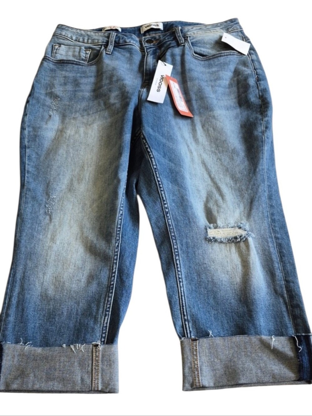 Vigoss Marley Distressed Mid Rise Cuffed Capri Jeans 16W Light Wash NWT